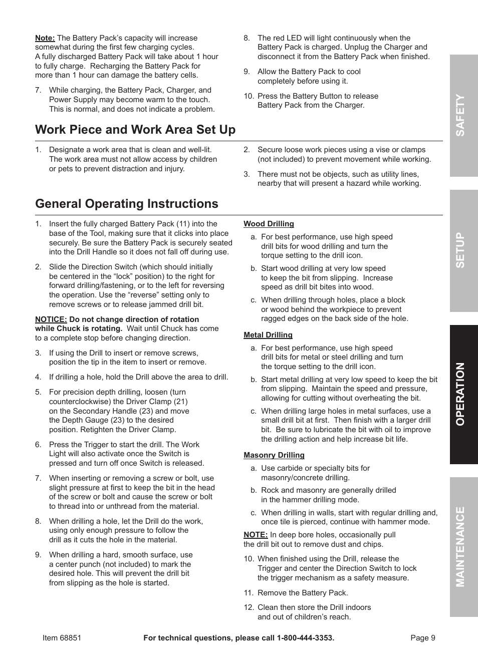 Work piece and work area set up, General operating instructions, Sa fet y o pe r ation m aintenan c e setup | Quick Eagle Networks 18 Volt Cordless Hammer Drill 68851 User Manual | Page 9 / 12