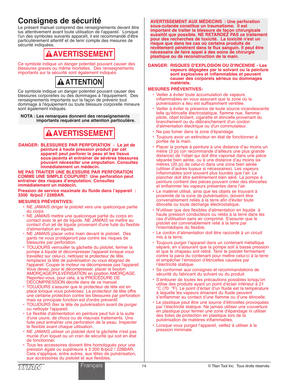 Avertissement, Consignes de sécurité, Attention | Titan Tool 800-2005 User Manual | Page 14 / 24