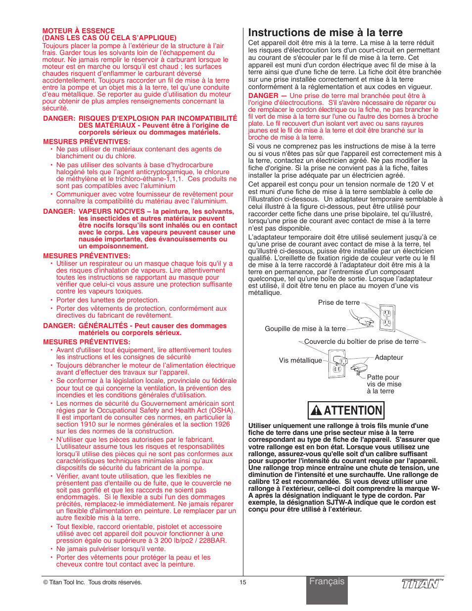 Attention, Instructions de mise à la terre, Français | Titan Tool 800-2005 User Manual | Page 15 / 24