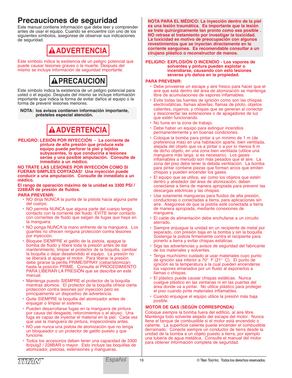 Advertencia, Precaucion advertencia, Precauciones de seguridad | Titan Tool 800-2005 User Manual | Page 16 / 24