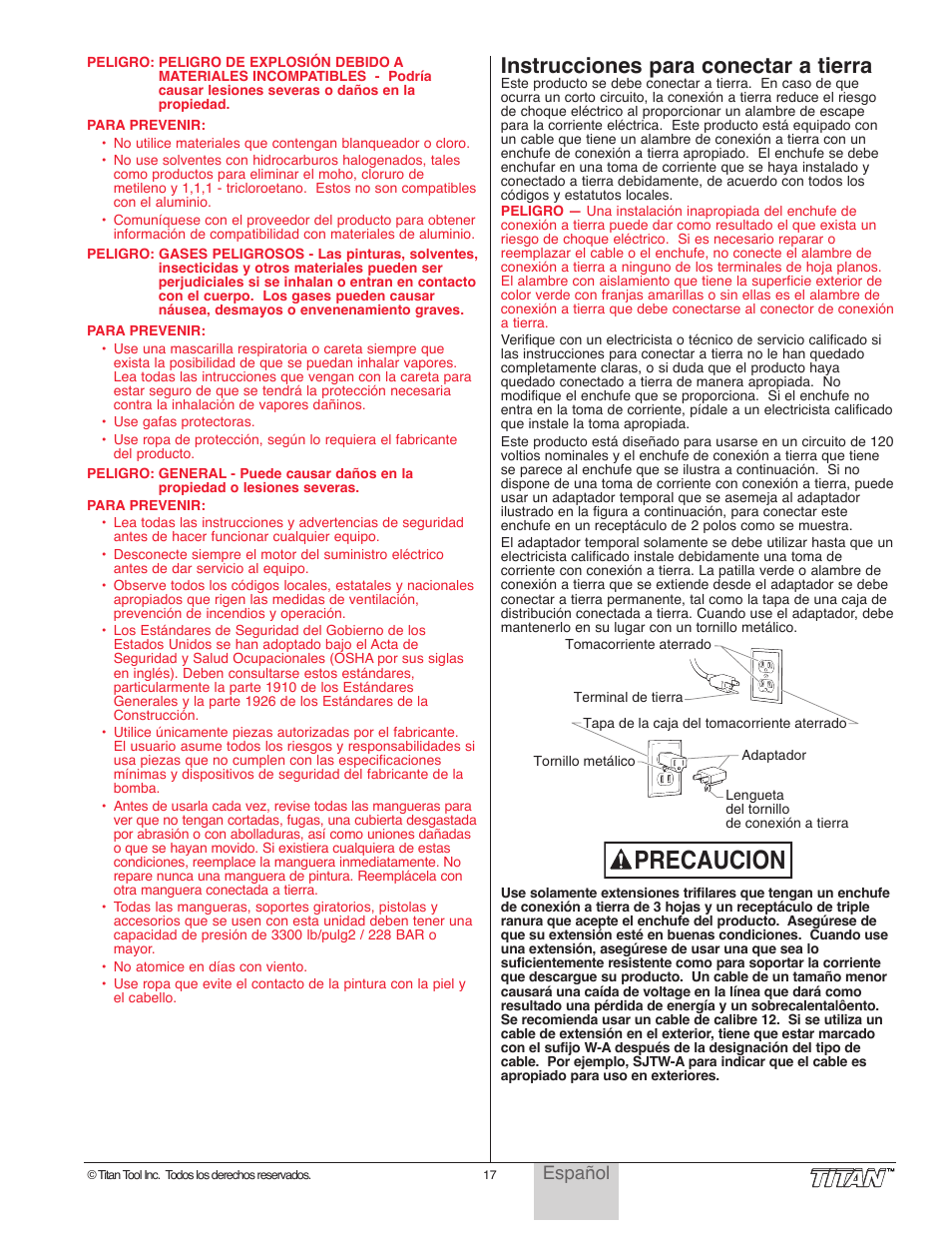 Precaucion, Instrucciones para conectar a tierra, Español | Titan Tool 800-2005 User Manual | Page 17 / 24