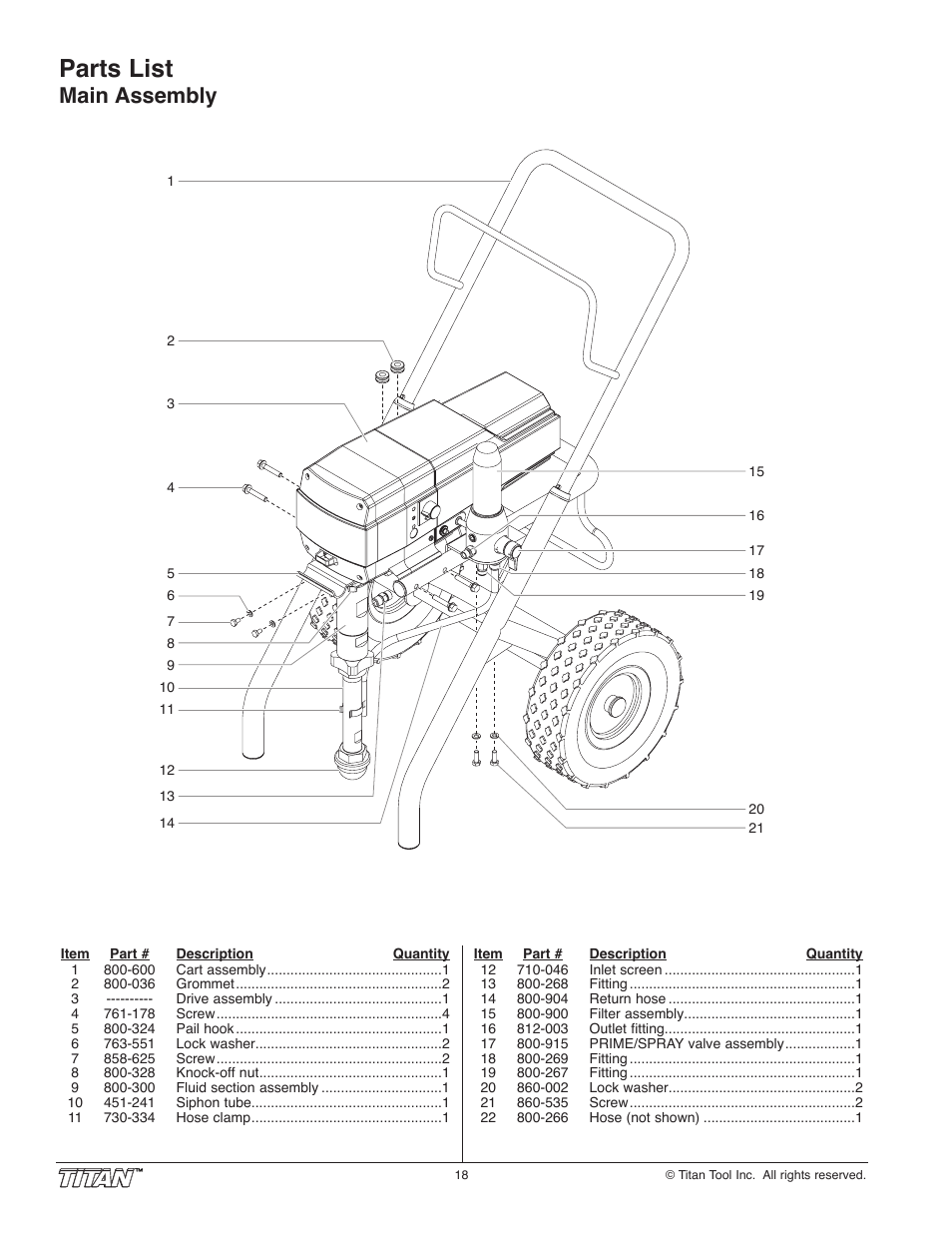 Parts list, Main assembly | Titan Tool 800-2005 User Manual | Page 18 / 24