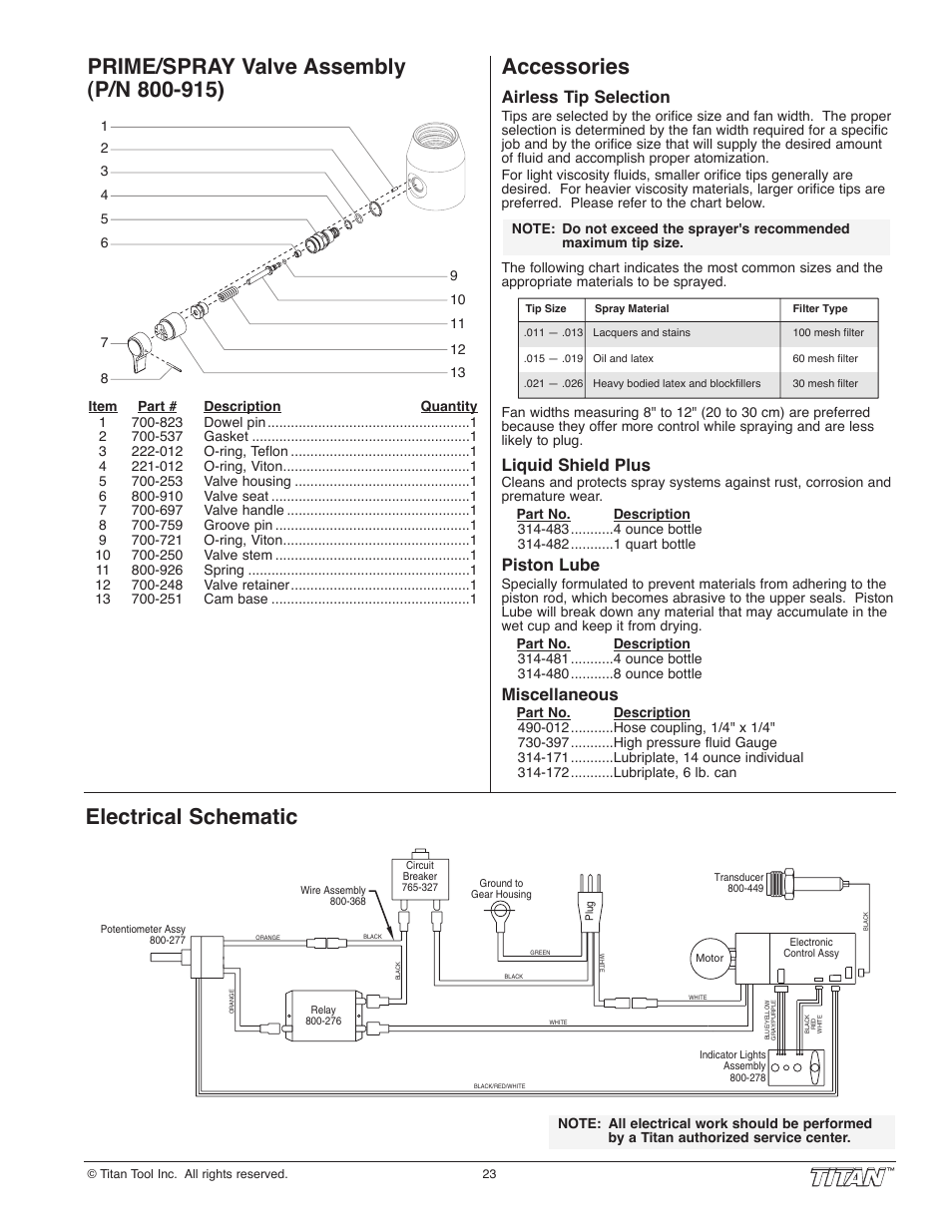 Accessories, Electrical schematic, Airless tip selection | Liquid shield plus, Piston lube, Miscellaneous | Titan Tool 800-2005 User Manual | Page 23 / 24