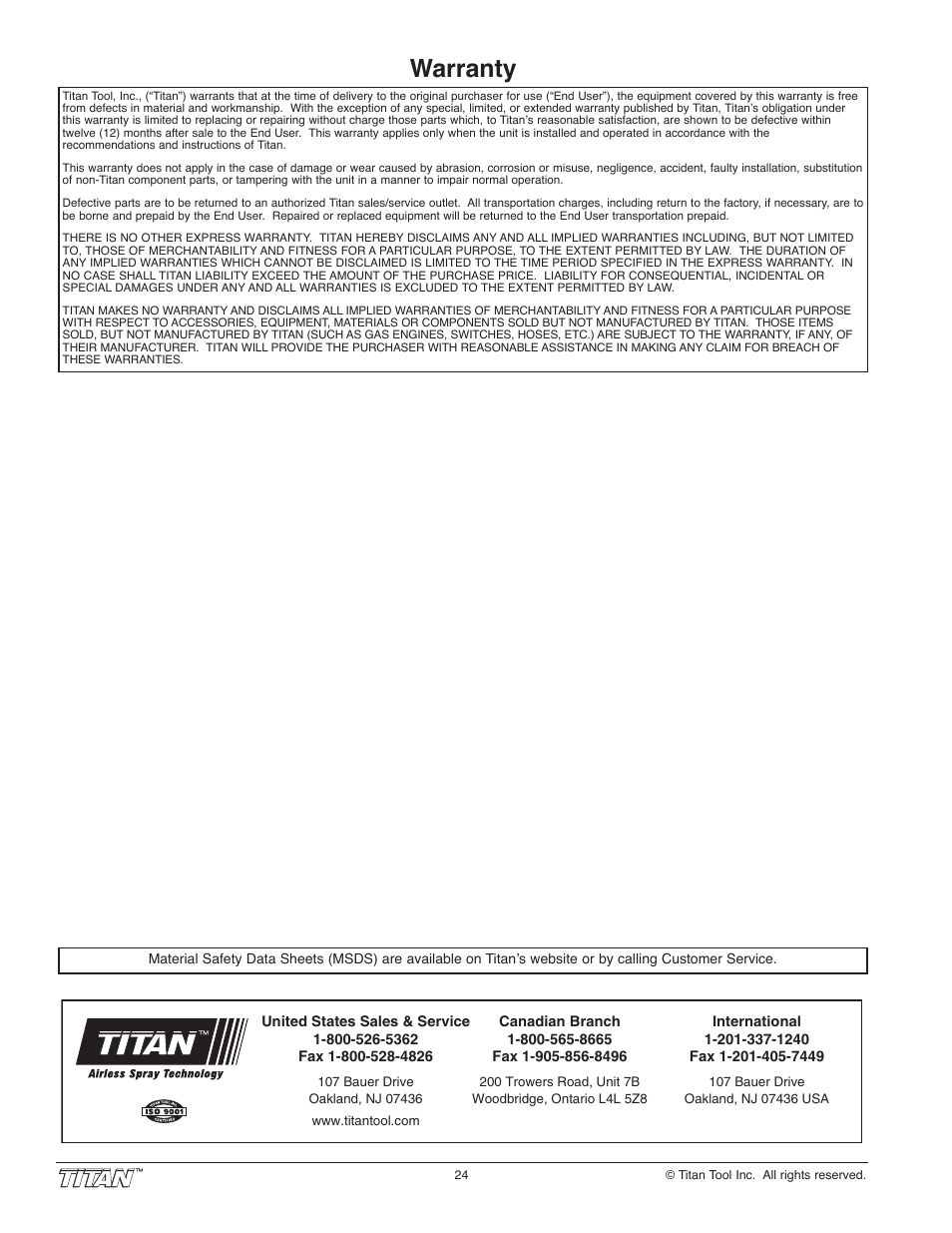 Warranty | Titan Tool 800-2005 User Manual | Page 24 / 24