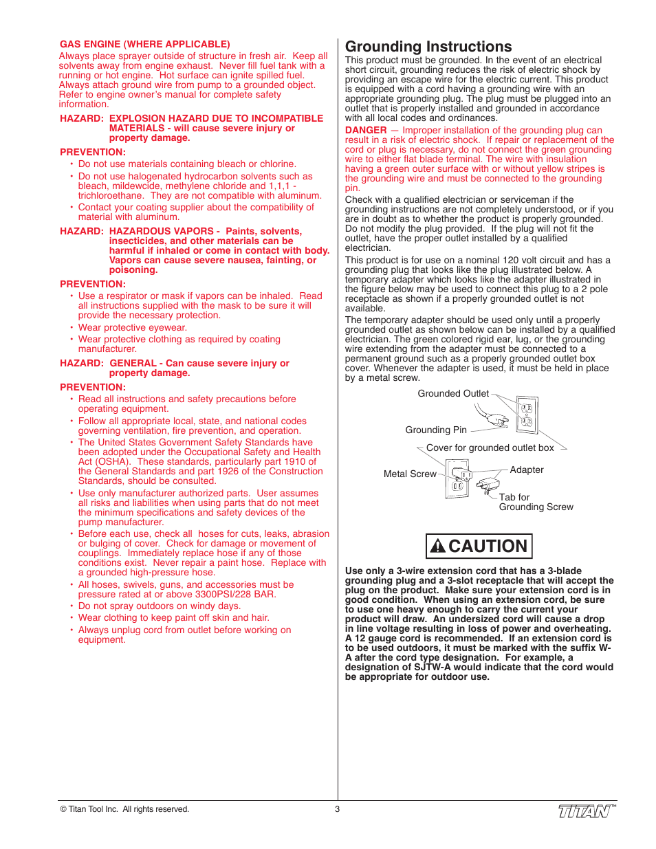 Caution, Grounding instructions | Titan Tool 800-2005 User Manual | Page 3 / 24