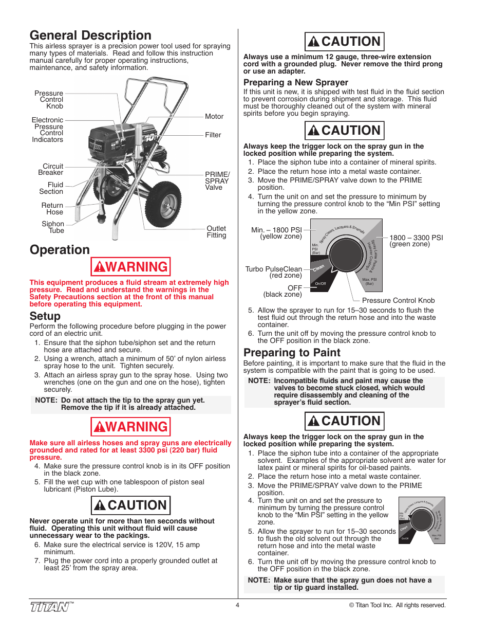 Warning, Caution, General description | Operation, Setup, Preparing to paint, Preparing a new sprayer | Titan Tool 800-2005 User Manual | Page 4 / 24