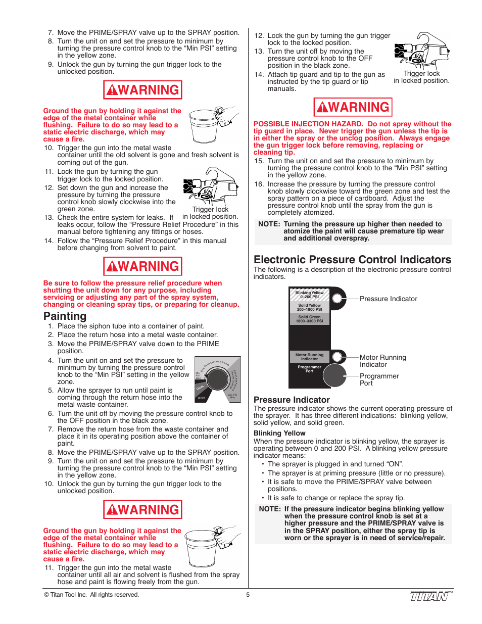 Warning, Painting, Electronic pressure control indicators | Pressure indicator | Titan Tool 800-2005 User Manual | Page 5 / 24