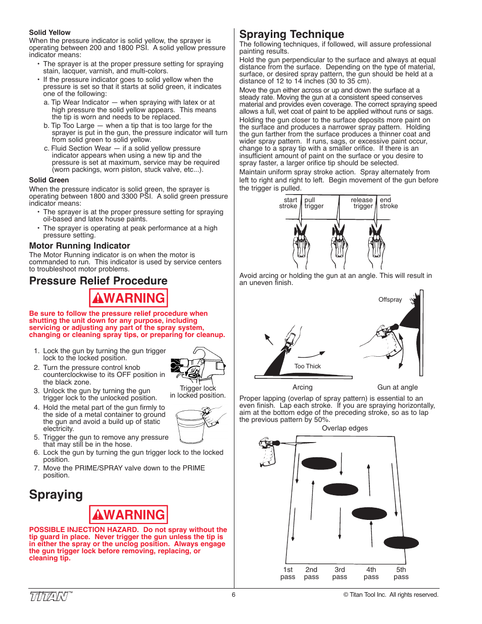 Warning, Spraying, Pressure relief procedure | Spraying technique | Titan Tool 800-2005 User Manual | Page 6 / 24