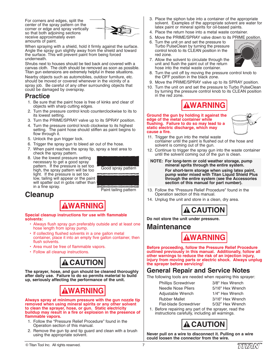 Warning, Caution, Cleanup | Maintenance, Practice | Titan Tool 800-2005 User Manual | Page 7 / 24