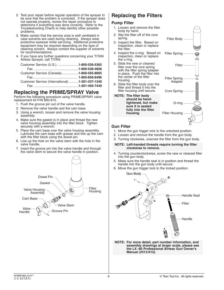 Replacing the prime/spray valve, Replacing the filters | Titan Tool 800-2005 User Manual | Page 8 / 24