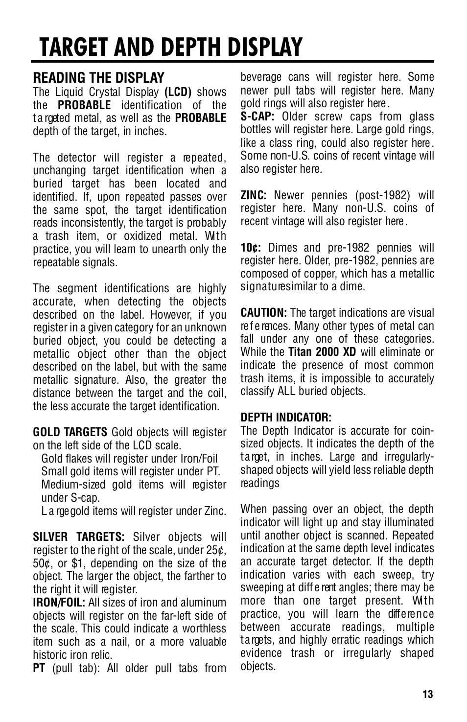 Target and depth display, Reading the display | Titan Tool 2000XD User Manual | Page 13 / 20