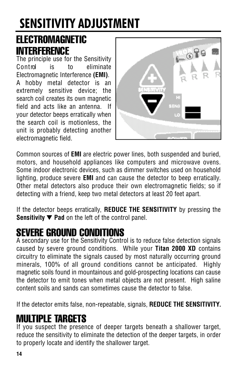 Sensitivity adjustment, Electromagnetic interference, Severe ground conditions | Multiple targets | Titan Tool 2000XD User Manual | Page 14 / 20