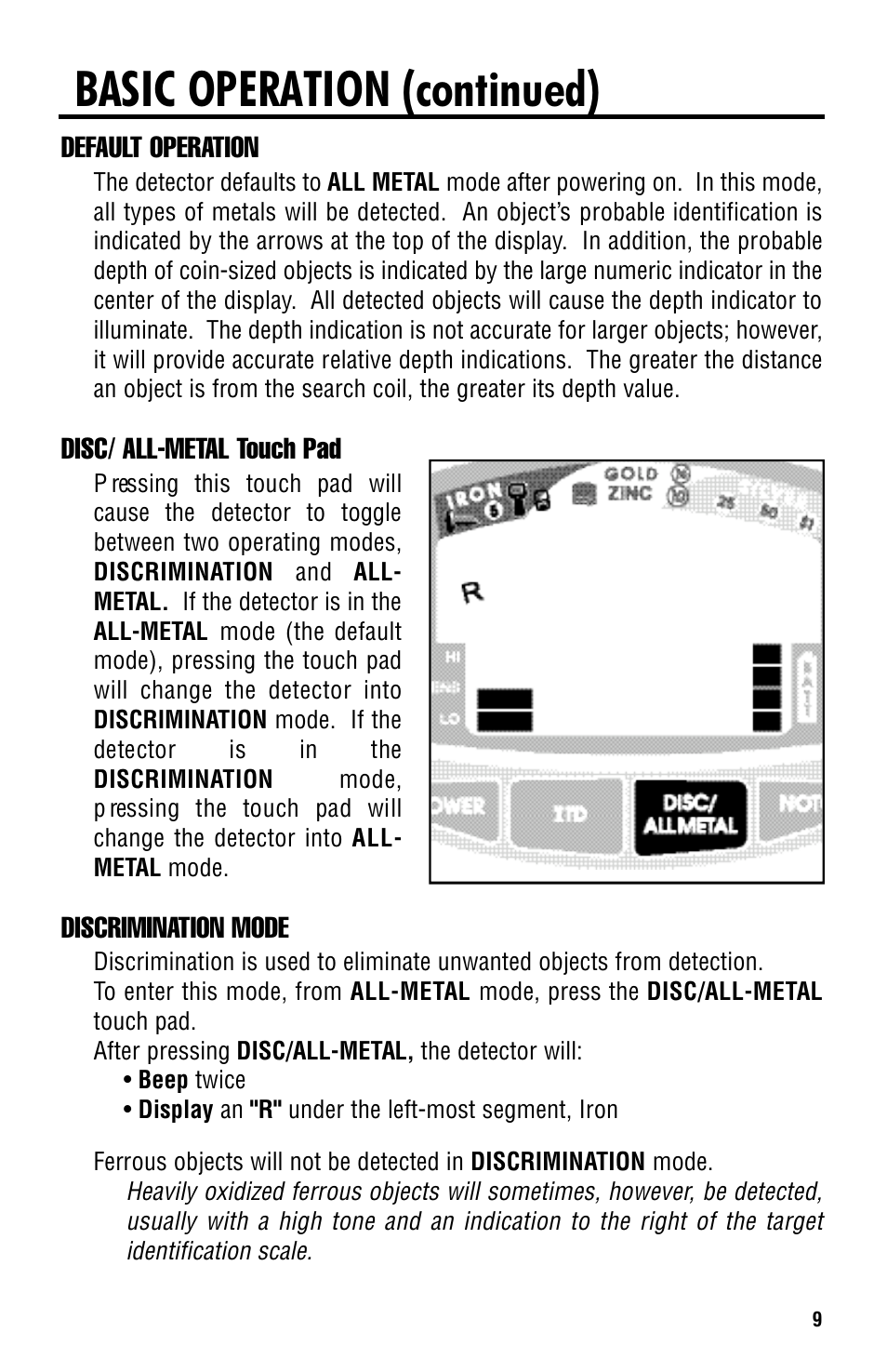 Basic operation (continued), Default operation, Disc/ all-metal touch pad | Discrimination mode | Titan Tool 2000XD User Manual | Page 9 / 20