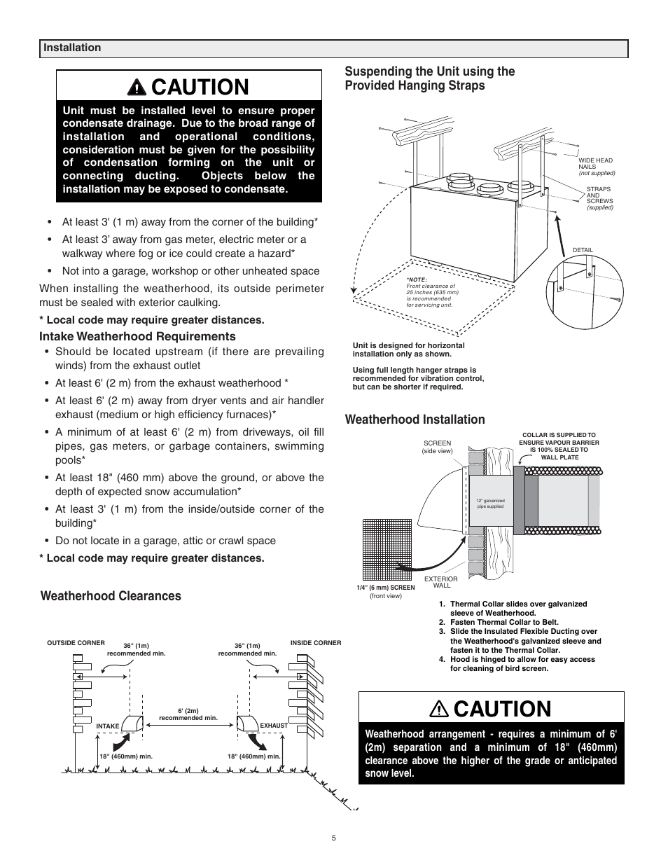 Caution, Weatherhood clearances, Weatherhood installation | Intake weatherhood requirements | Tradewins Furniture RNC5-TPD User Manual | Page 5 / 24