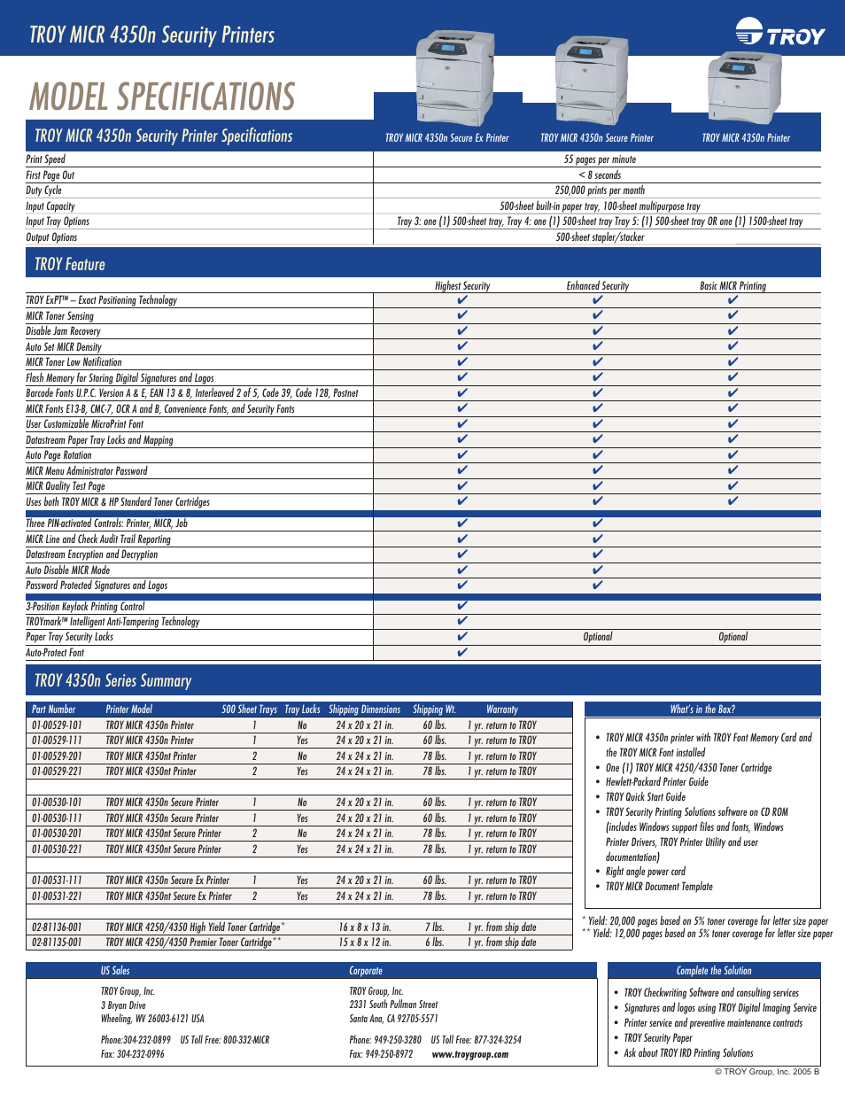 Model specifications, Troy micr 4350n security printers, Troy micr 4350n security printer specifications | Troy feature, Troy 4350n series summary | TROY Group MICR 4350n User Manual | Page 2 / 2