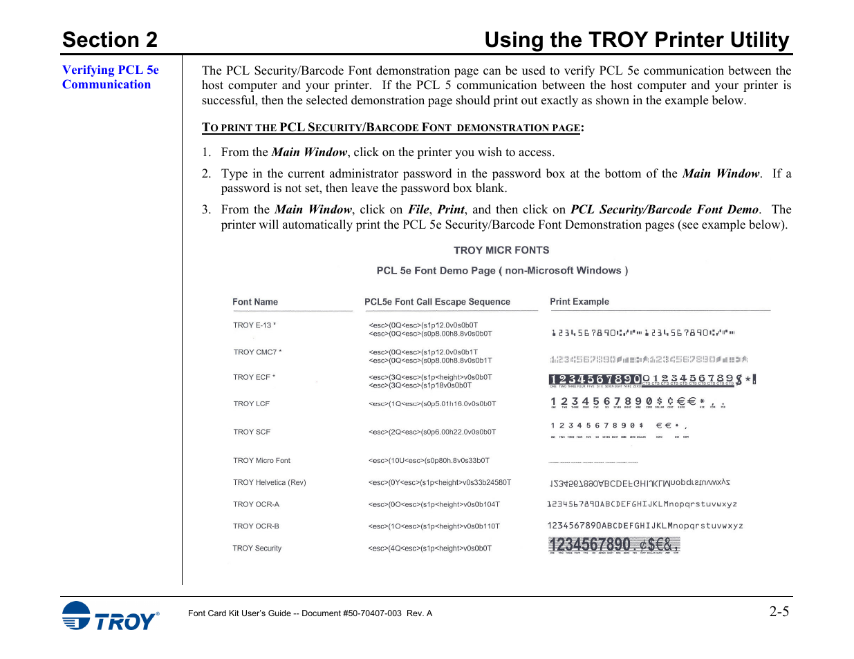 Verifying pcl 5e communication | TROY Group Font Card Kit 4515 User Manual | Page 12 / 58