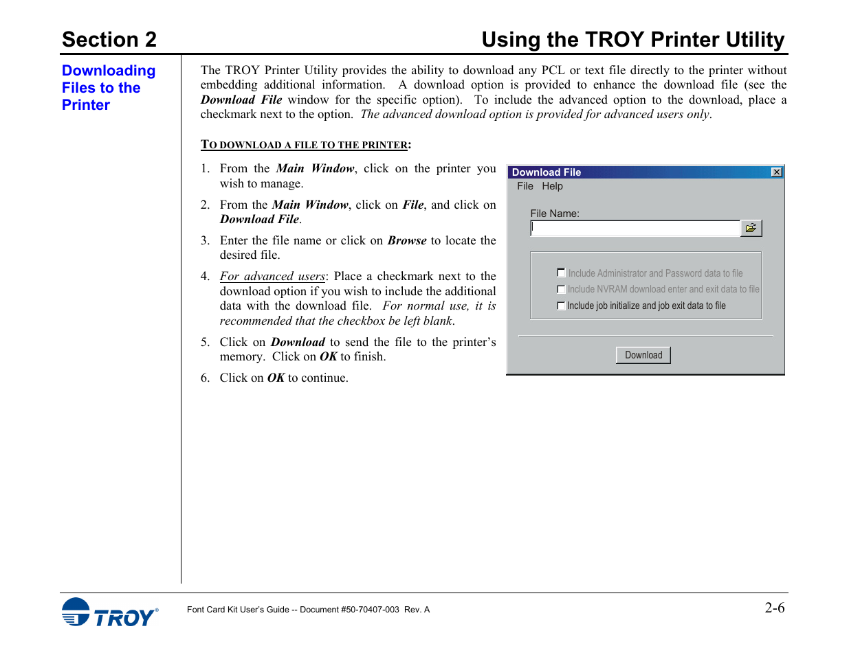 Downloading files to the printer | TROY Group Font Card Kit 4515 User Manual | Page 13 / 58