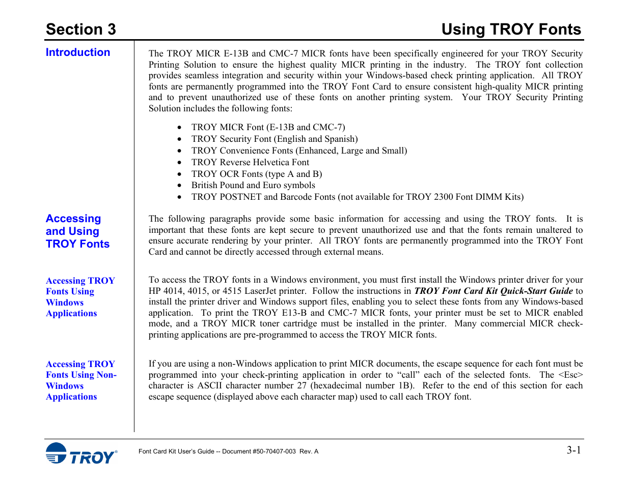 Section 3 - using troy fonts, Introduction, Accessing and using troy fonts | Accessing troy fonts using windows applications | TROY Group Font Card Kit 4515 User Manual | Page 16 / 58