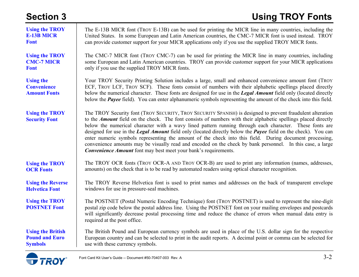 Using the troy e-13b micr font, Using the troy cmc-7 micr font, Using the convenience amount fonts | Using the troy security font, Using the troy ocr fonts, Using the reverse helvetica font, Using the troy postnet font, Using the british pound and euro symbols | TROY Group Font Card Kit 4515 User Manual | Page 17 / 58