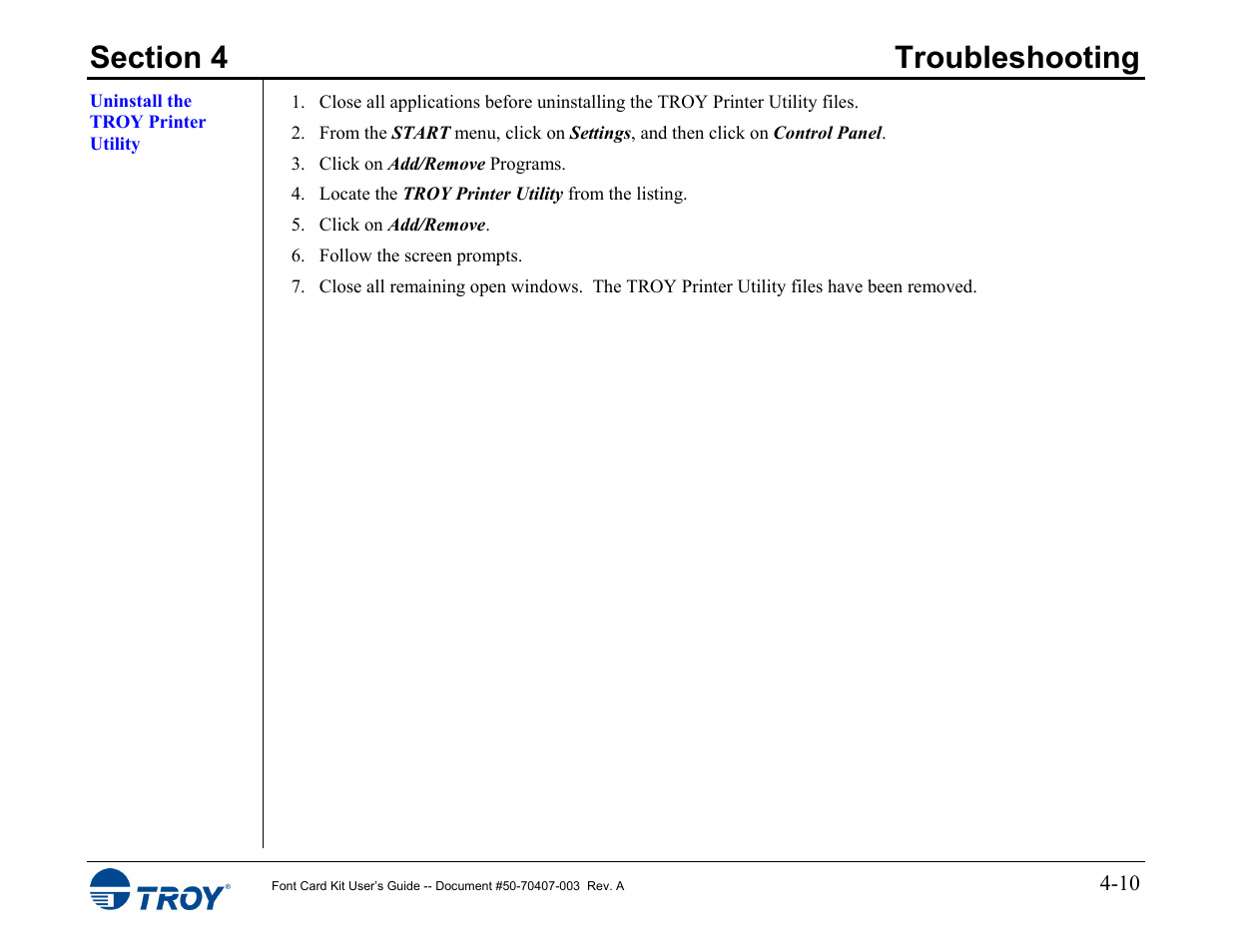 Uninstall the troy printer utility | TROY Group Font Card Kit 4515 User Manual | Page 57 / 58