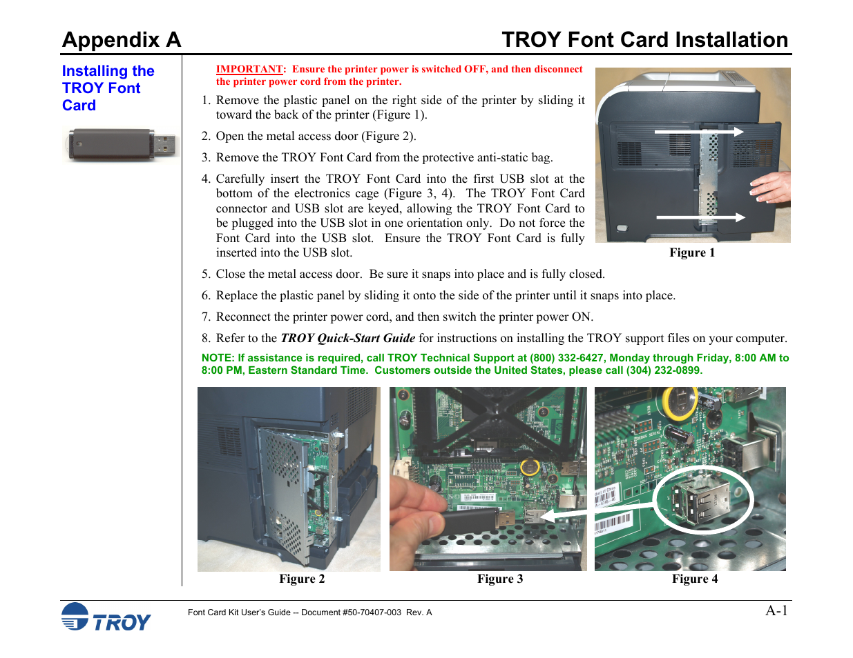 Appendix a - troy font card installation, Installing the troy font card, Appendix a troy font card installation | TROY Group Font Card Kit 4515 User Manual | Page 58 / 58