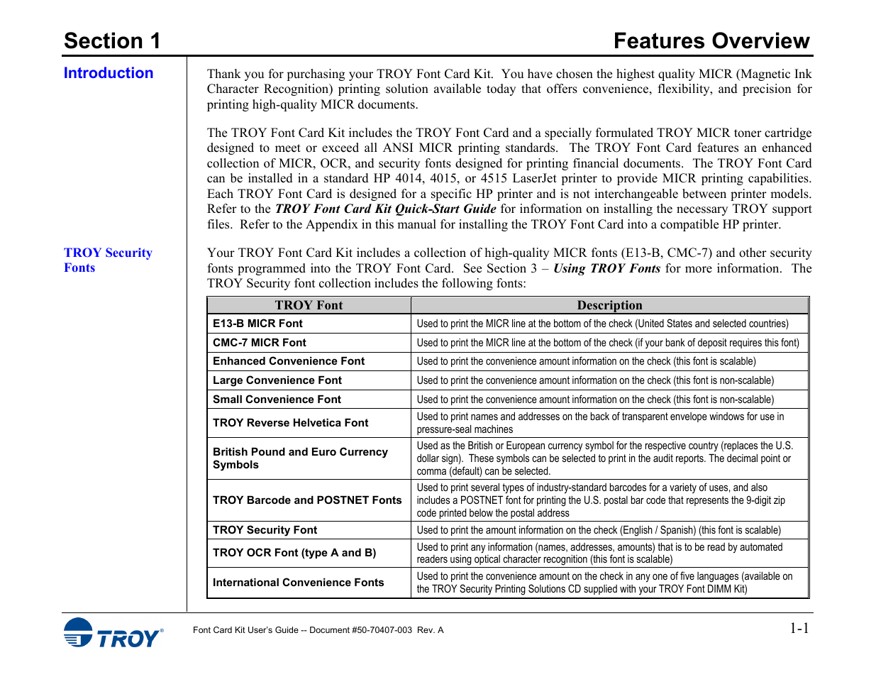 Section 1 - features overview, Introduction, Troy security fonts | TROY Group Font Card Kit 4515 User Manual | Page 7 / 58