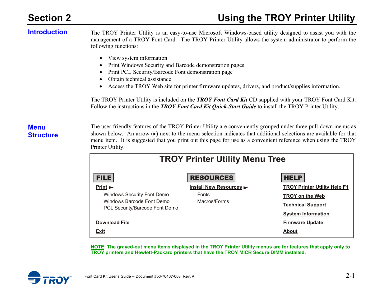 Section 2 - using the troy printer utility, Introduction, Menu structure | Troy printer utility menu tree | TROY Group Font Card Kit 4515 User Manual | Page 8 / 58