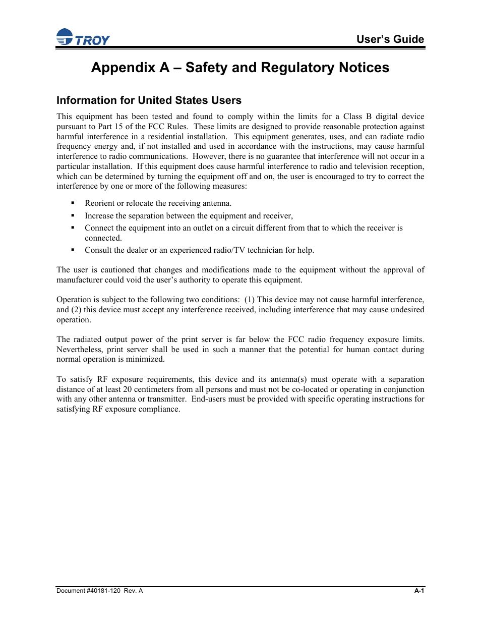 Appendix a – safety and regulatory notices, Information for united states users, User’s guide | TROY Group TROY200 Series User Manual | Page 28 / 34