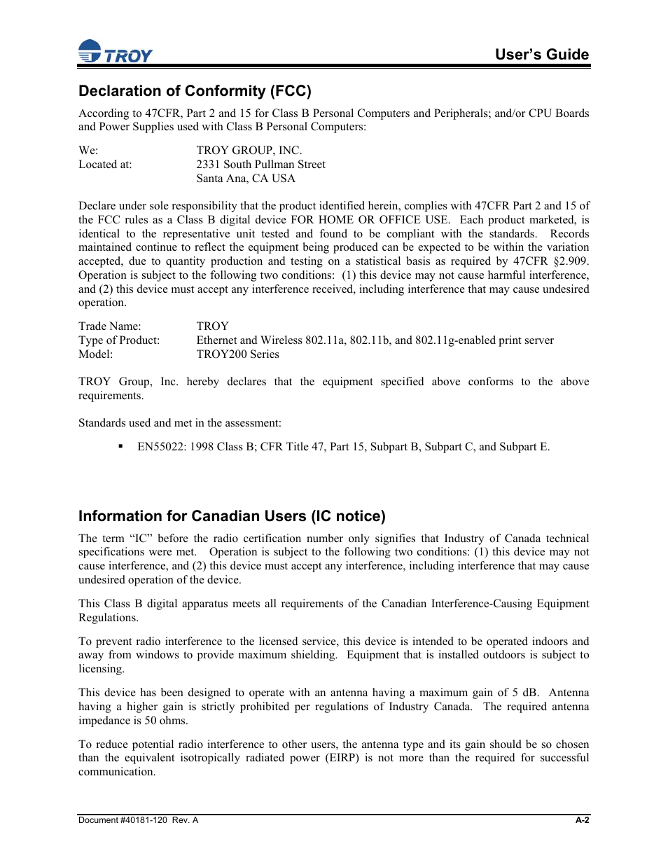 Declaration of conformity (fcc), Information for canadian users (ic notice), User’s guide | TROY Group TROY200 Series User Manual | Page 29 / 34