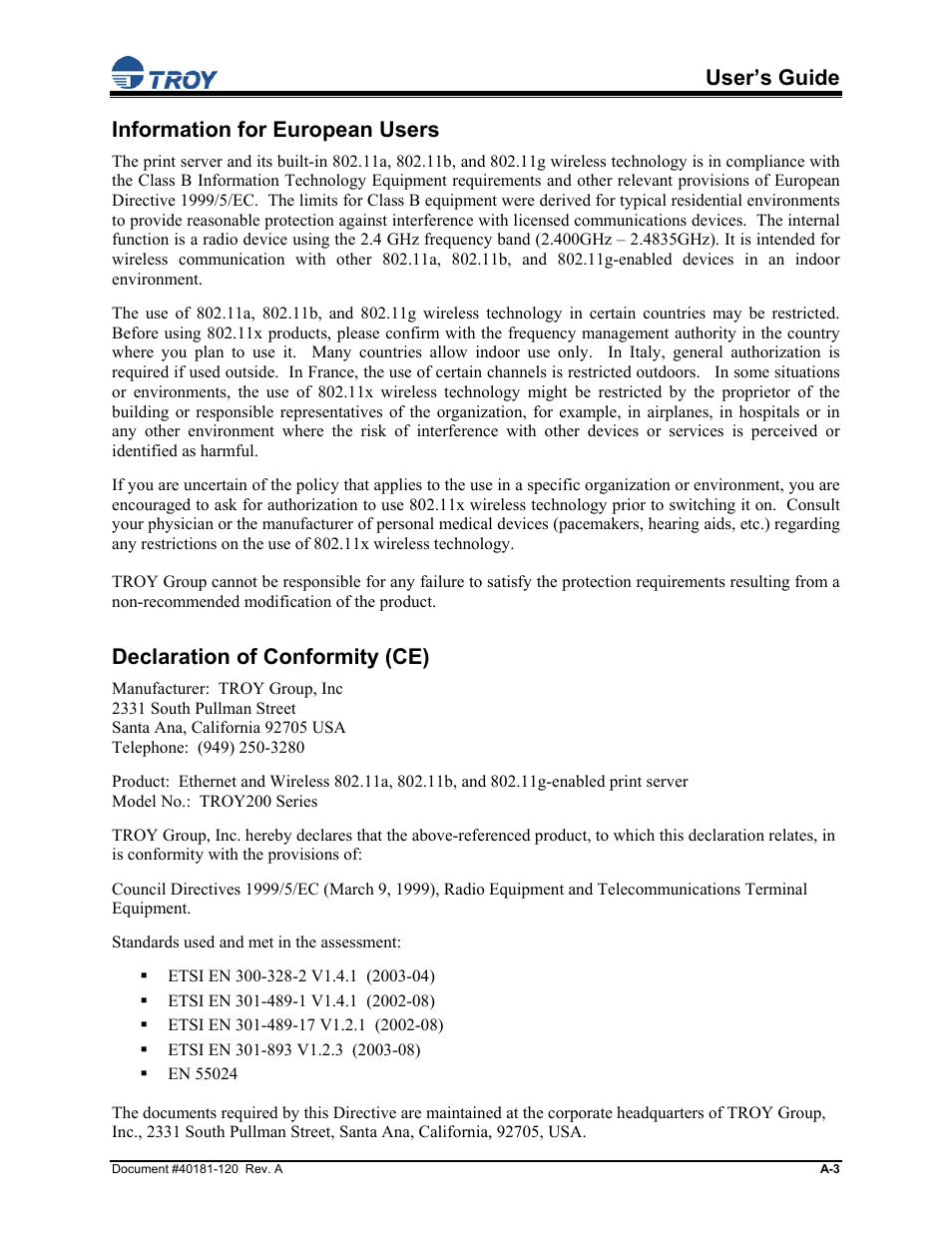 Information for european users, Declaration of conformity (ce), User’s guide | TROY Group TROY200 Series User Manual | Page 30 / 34