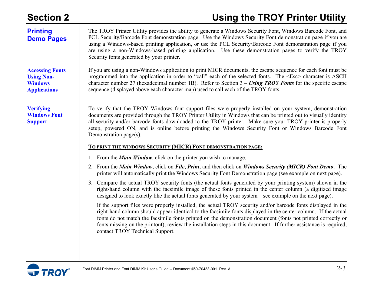 Accessing fonts using non-windows applications, Verifying windows font support | TROY Group 2015 Series User Manual | Page 10 / 57
