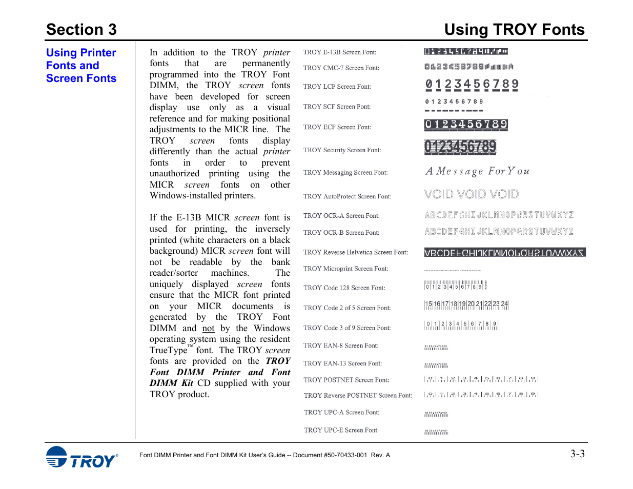 Using printer fonts and screen fonts | TROY Group 2015 Series User Manual | Page 17 / 57