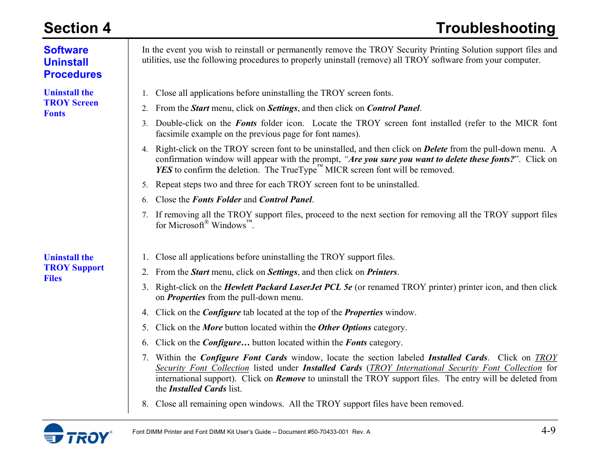 Software uninstall procedures, Uninstall the troy screen fonts, Uninstall the troy support files | TROY Group 2015 Series User Manual | Page 55 / 57