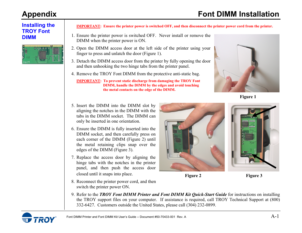 Appendix - font dimm installation, Installing the troy font dimm, Appendix font dimm installation | TROY Group 2015 Series User Manual | Page 57 / 57