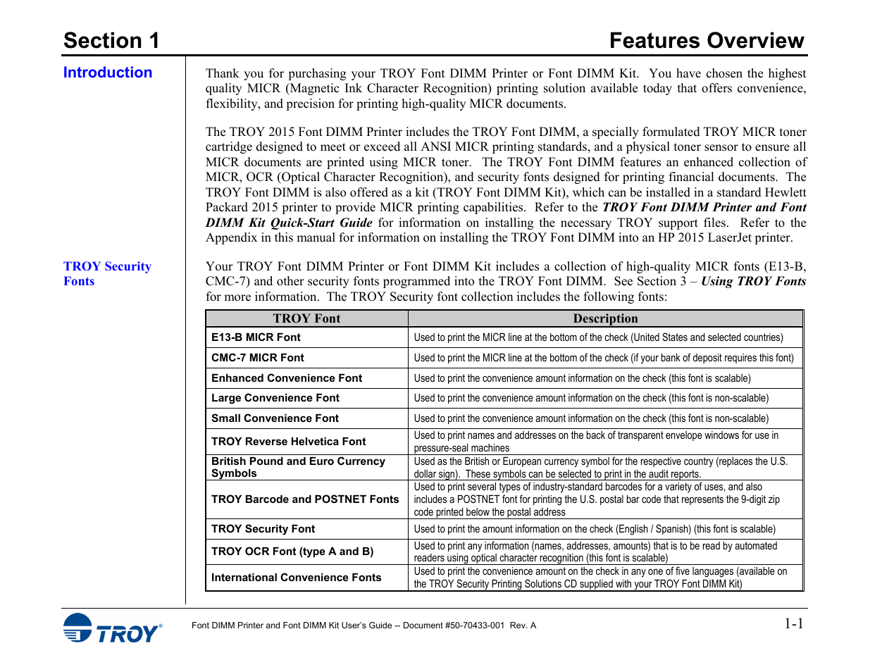 Section 1 - features overview, Introduction, Troy securityfonts | TROY Group 2015 Series User Manual | Page 7 / 57