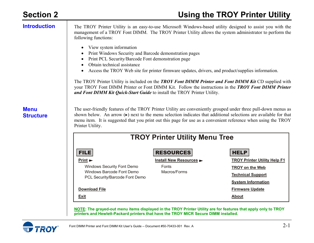 Section 2 - using the troy printer utility, Introduction, Menu structure | Troy printer utility menu tree | TROY Group 2015 Series User Manual | Page 8 / 57