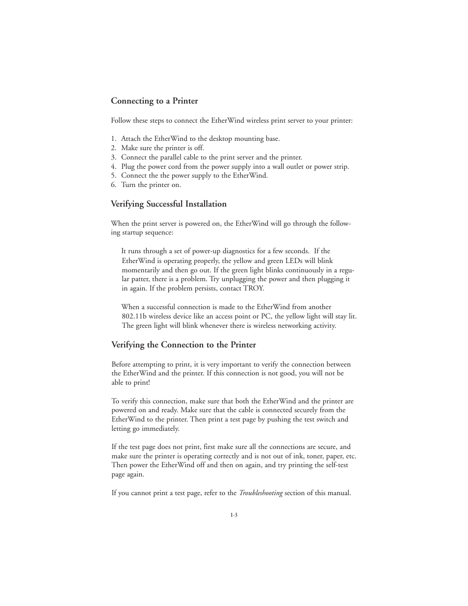 Connecting to a printer, Verifying successful installation, Verifying the connection to the printer | TROY Group EtherWind 802.11b User Manual | Page 11 / 60