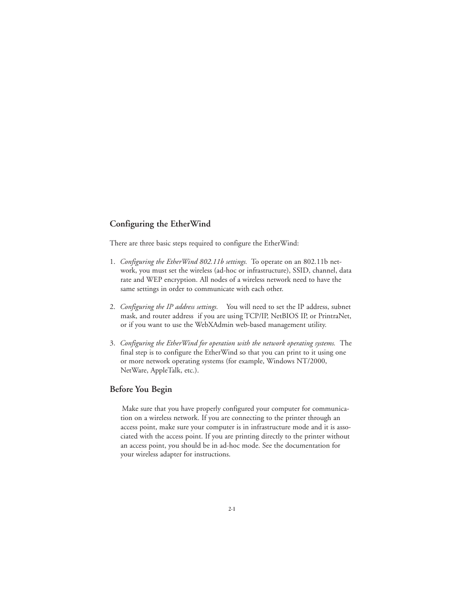 Configuring the etherwind 802.11b and ip settings, Configuring the etherwind, Before you begin | TROY Group EtherWind 802.11b User Manual | Page 15 / 60