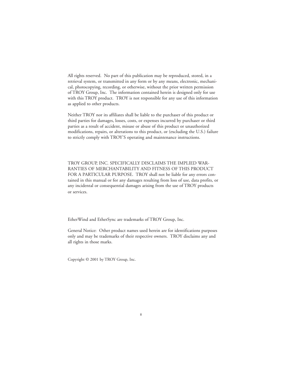 Copyright notice, Warranty notice, Trademark notice | TROY Group EtherWind 802.11b User Manual | Page 2 / 60