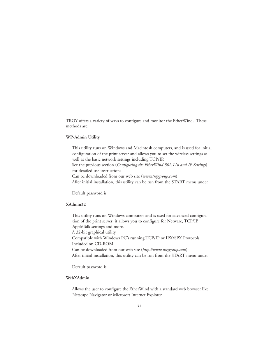 Management methods, Wp-admin utility, Xadmin32 | Webxadmin | TROY Group EtherWind 802.11b User Manual | Page 21 / 60