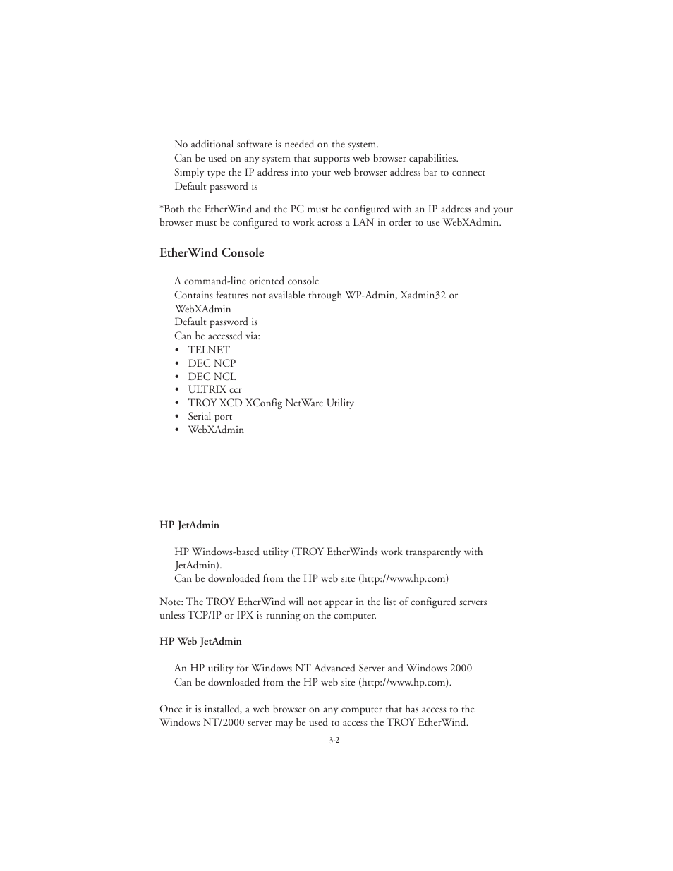 Etherwind console, Hp jetadmin, Hp web jetadmin | TROY Group EtherWind 802.11b User Manual | Page 22 / 60