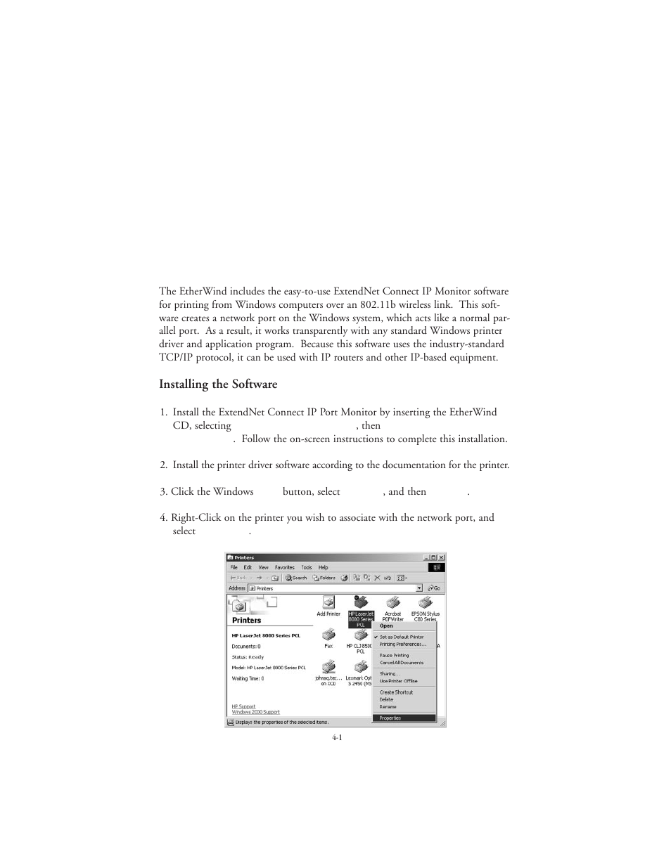 Microsoft windows network configuration, Installing the software | TROY Group EtherWind 802.11b User Manual | Page 23 / 60