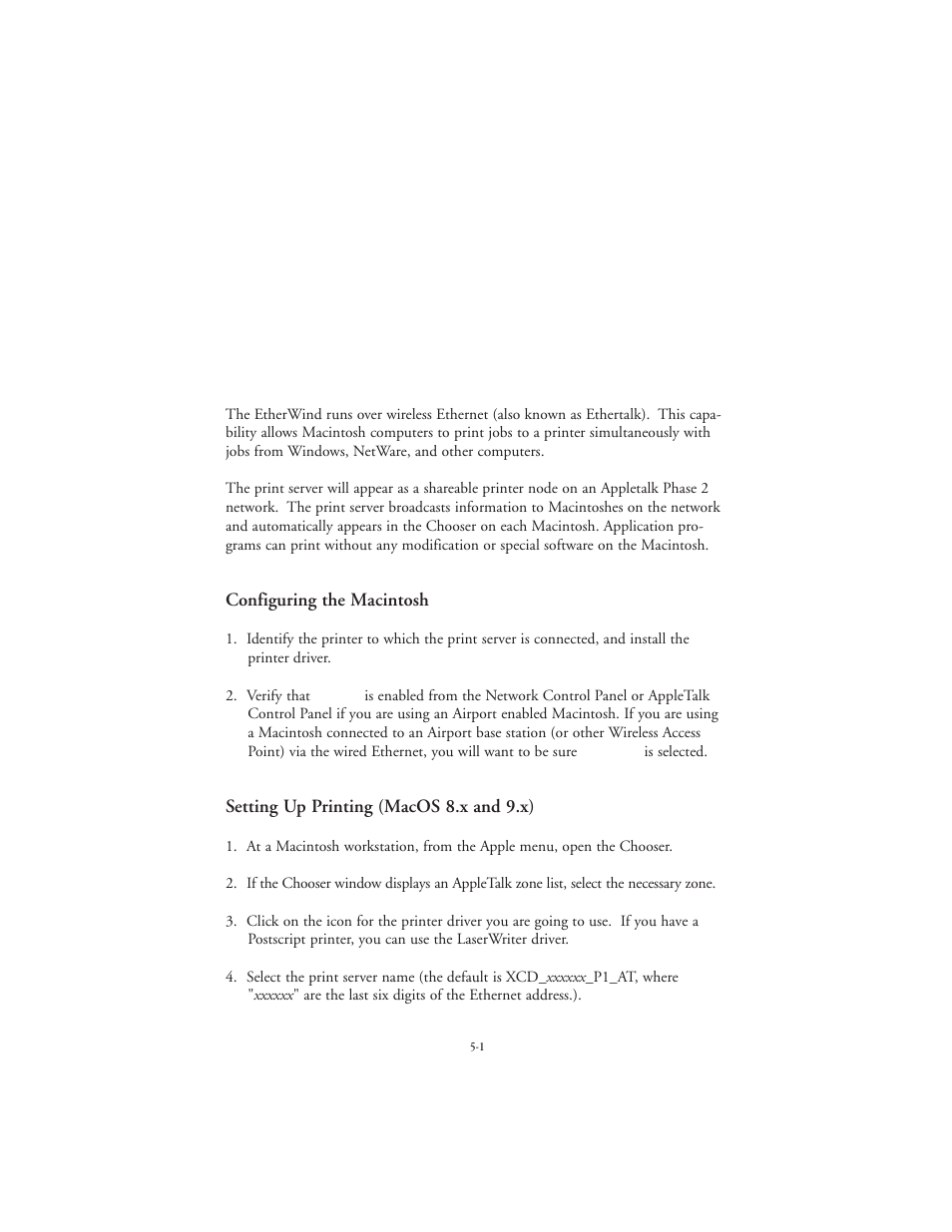 Appletalk network configuration, Configuring the macintosh, Setting up printing (macos 8.x and 9.x) | TROY Group EtherWind 802.11b User Manual | Page 27 / 60