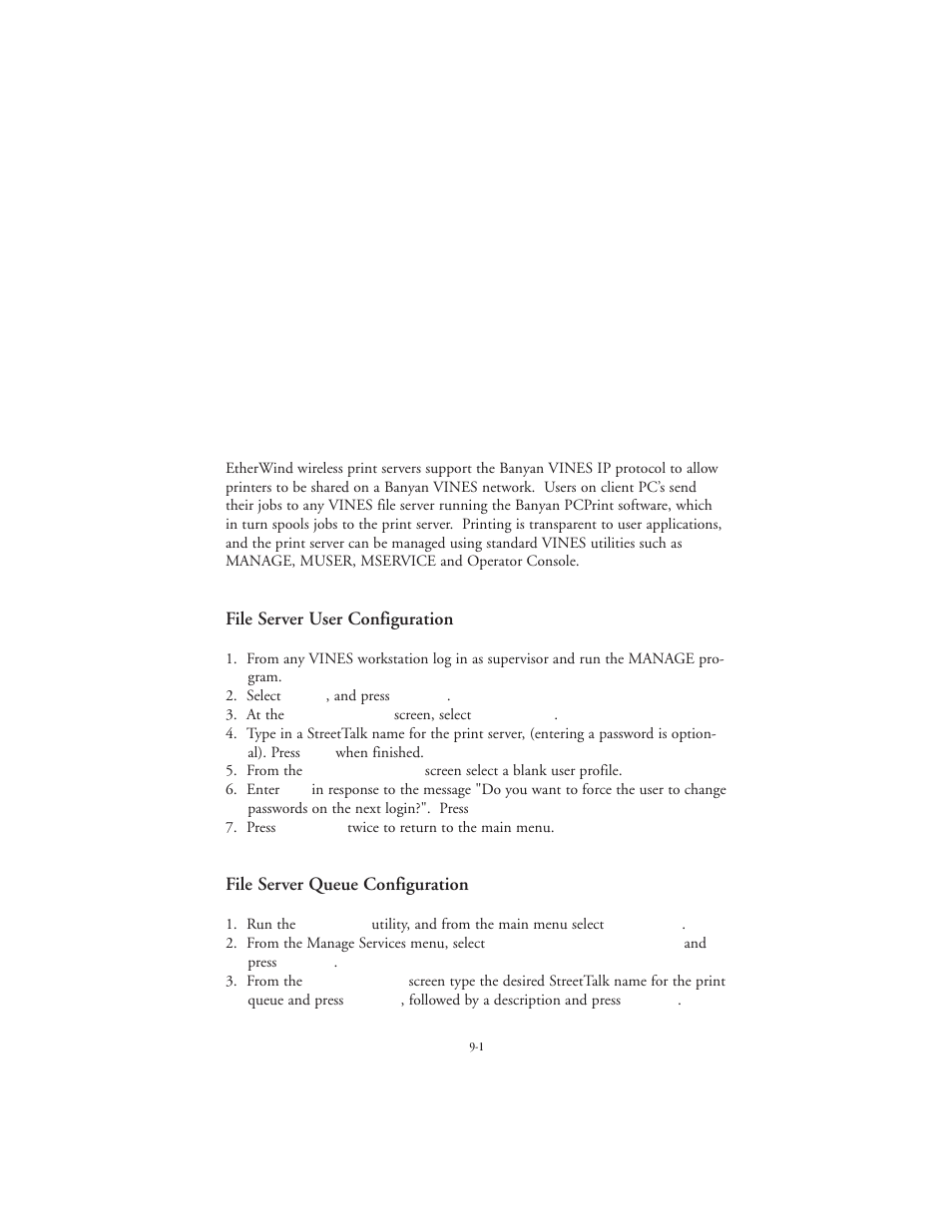 Banyan vines network configuration, File server user configuration, File server queue configuration | TROY Group EtherWind 802.11b User Manual | Page 39 / 60