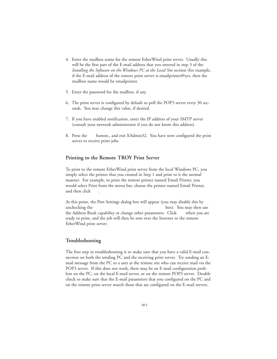 Printing to the remote troy print server, Troubleshooting | TROY Group EtherWind 802.11b User Manual | Page 45 / 60