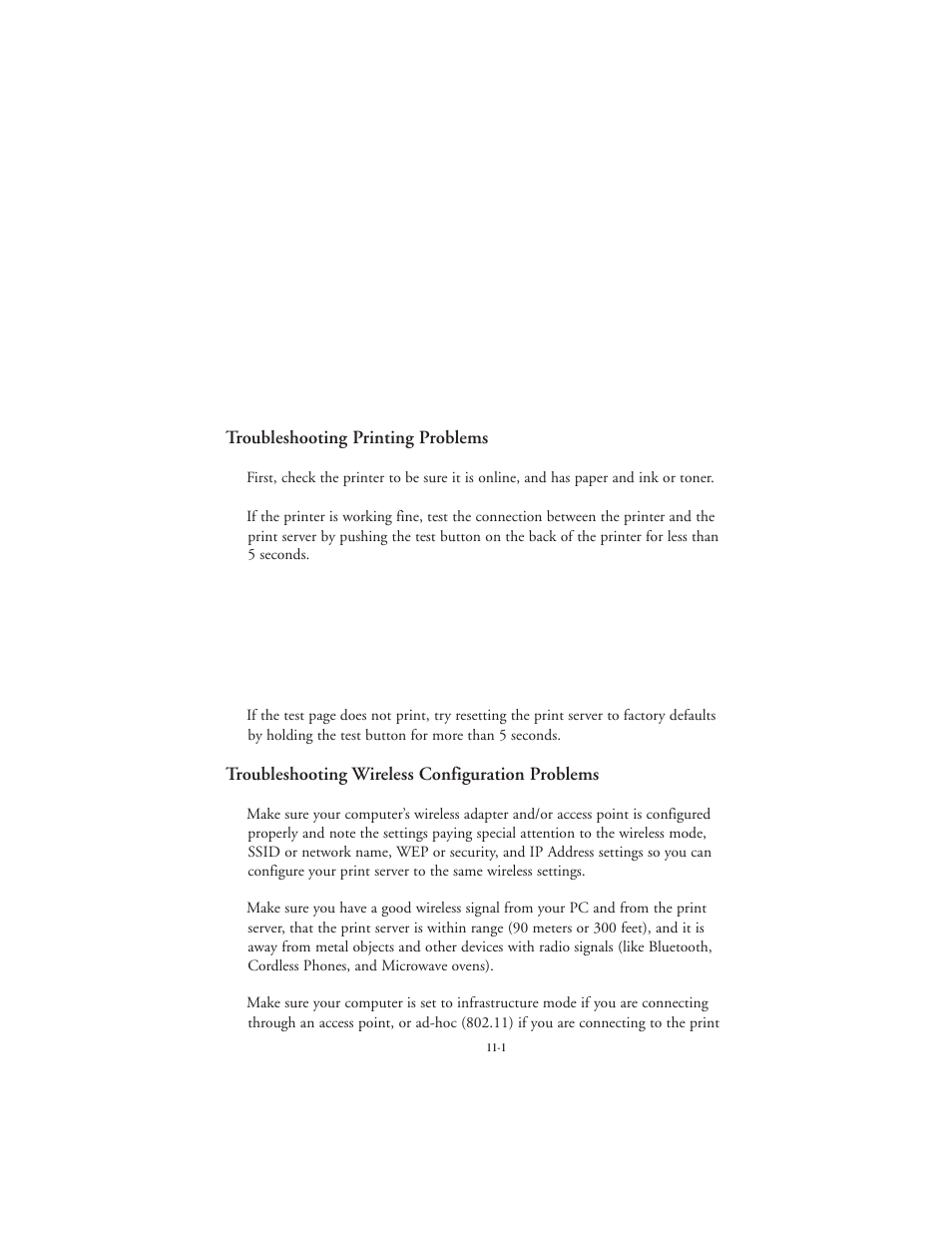 Troubleshooting and maintenance, Troubleshooting printing problems, Troubleshooting wireless configuration problems | TROY Group EtherWind 802.11b User Manual | Page 47 / 60