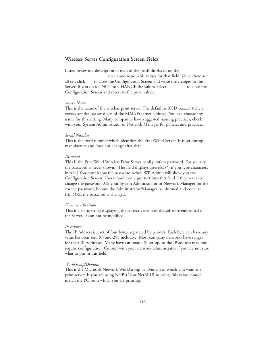 Wireless server configuration screen fields | TROY Group EtherWind 802.11b User Manual | Page 49 / 60