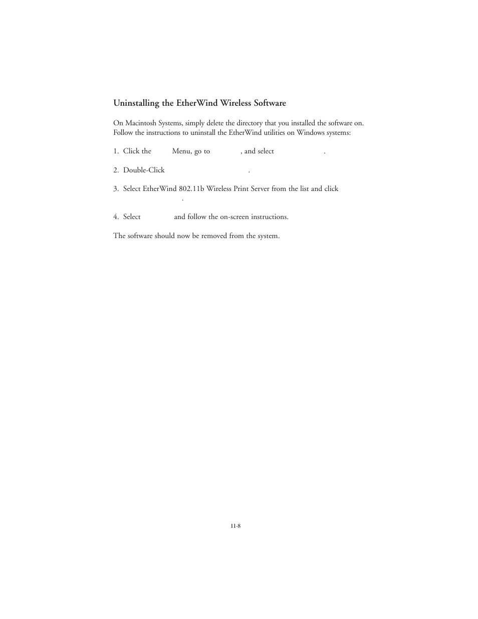 Uninstalling the etherwind wireless software | TROY Group EtherWind 802.11b User Manual | Page 54 / 60