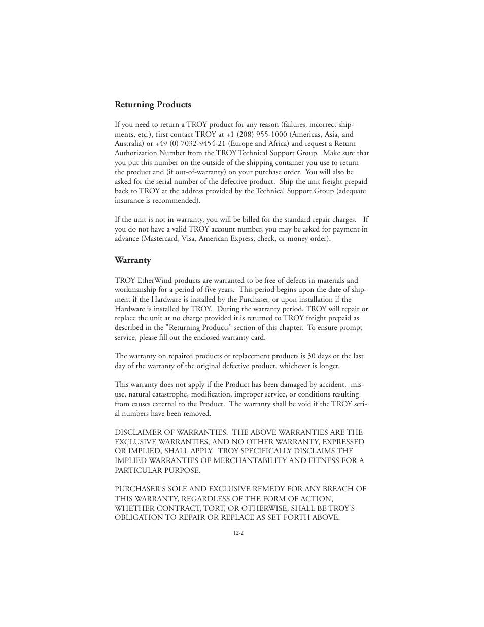 Returning products, Warranty | TROY Group EtherWind 802.11b User Manual | Page 56 / 60
