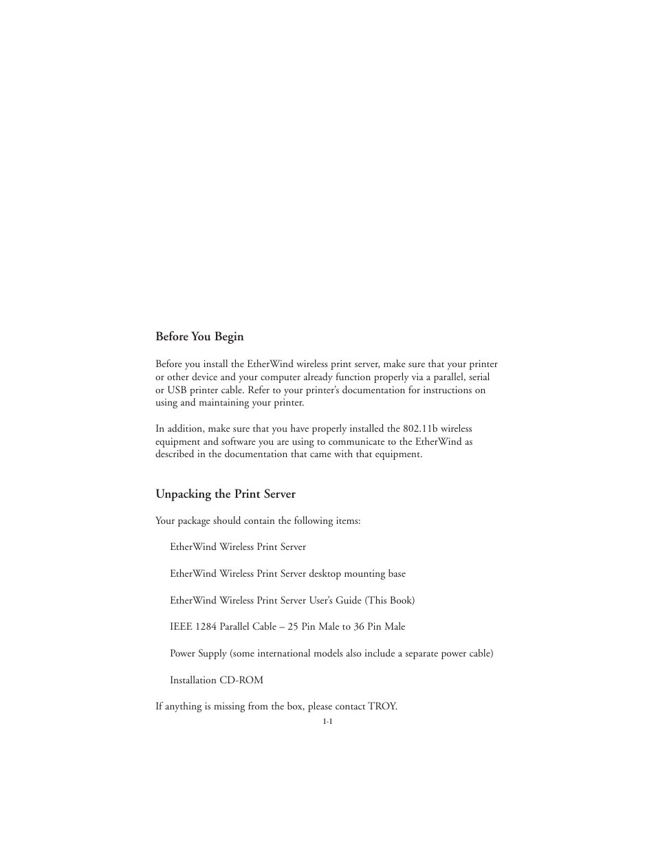 Installing the etherwind print server hardware, Before you begin, Unpacking the print server | TROY Group EtherWind 802.11b User Manual | Page 9 / 60